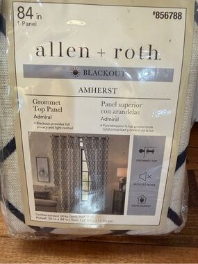 NWT- Allen + Roth Amherst Blackout Grommet Top Curtain Panel in Navy and Cream